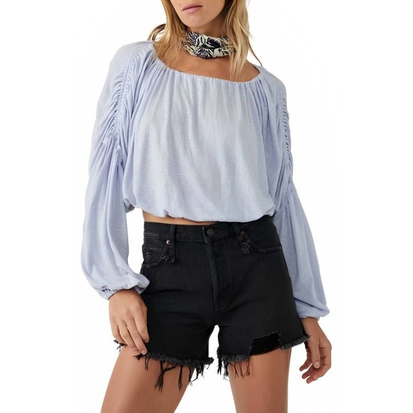 Free People Tops - Free People In A Dream Ruched Linen Blend Crop Top in Pink Blouse Long Sleeve